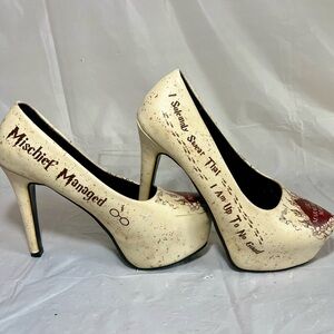 Mischief Managed Cream Graphic High Heel Pumps